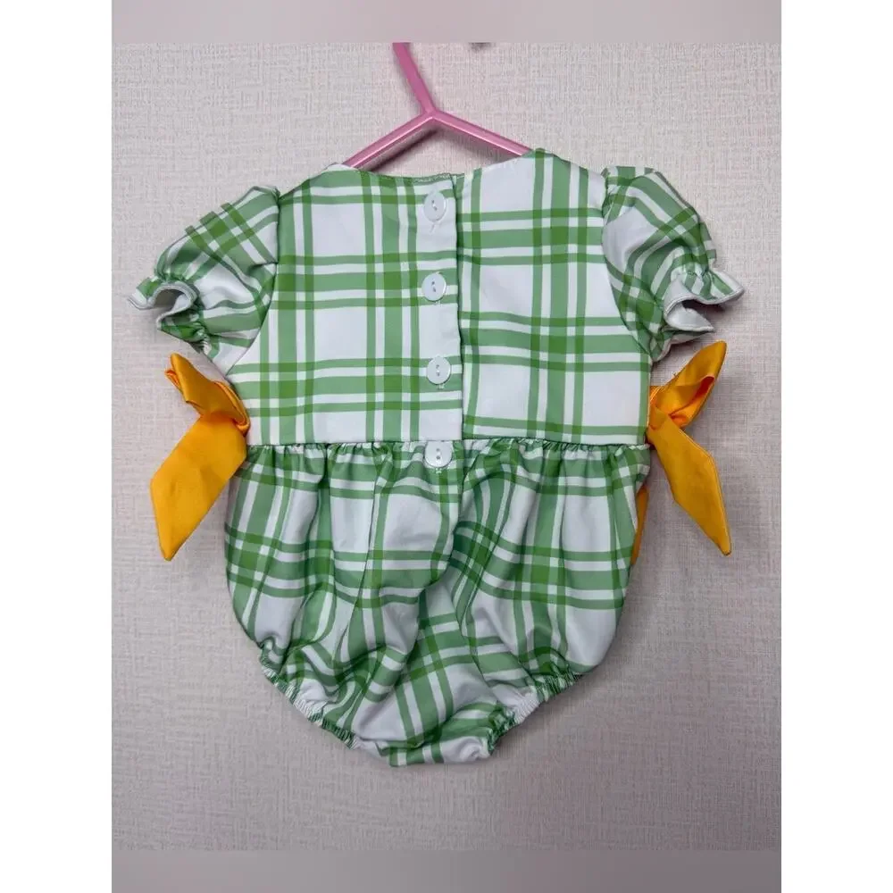 green plaid smocked baby bubble romper farm animal embroidery size 3-6 months